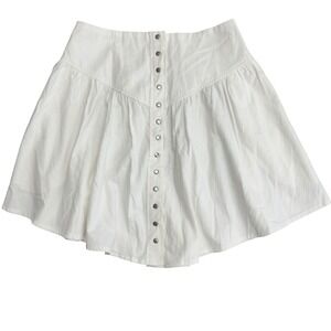 Free People White Cotton Mini Skirt Smocked Waist‎ Button Front Pockets Size S